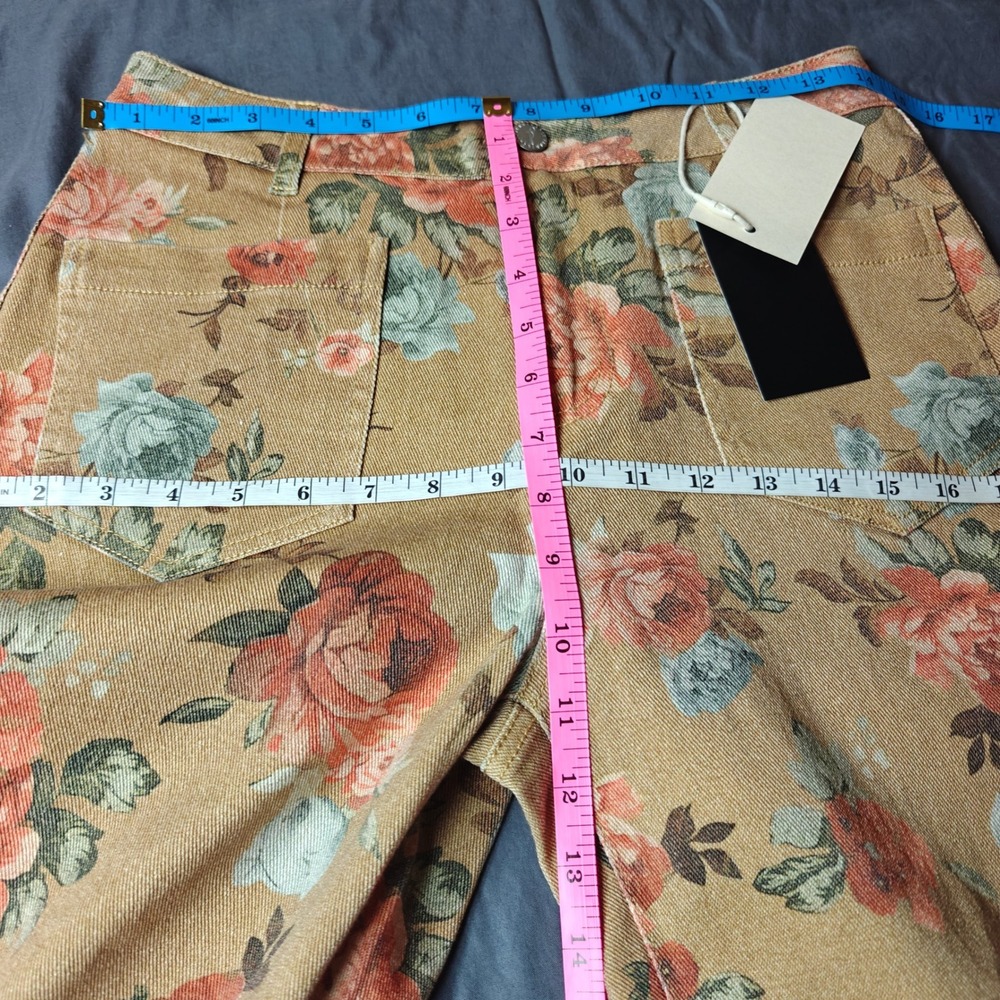 Flamingals Khaki Floral Rose Print High Rise Straight Leg Cropped Pants Small - Picture 8 of 10